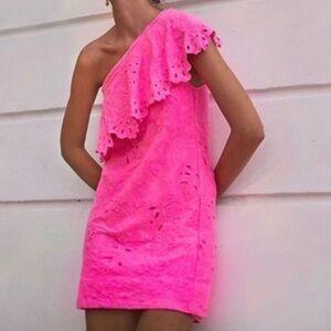 Farm Rio neon pink one shoulder mini dress